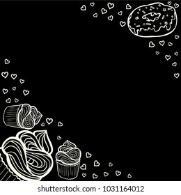 Tea party frame. Black and white hand drawn border for menus, invitations, cards, envelopes and sweet notes on Valentines Day. Coloring book