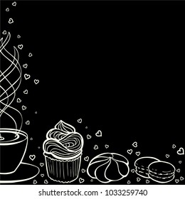 Tea party frame. Black and white hand drawn border for menus, invitations, cards, envelopes and sweet notes on Valentines Day. Coloring book