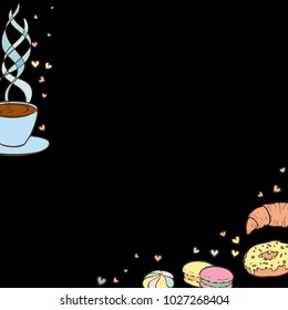 Tea party frame. Colorful hand drawn border for menus, invitations, cards, envelopes and sweet notes on Valentines Day. Isolated on black