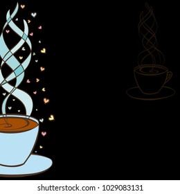 Tea party frame. Colorful hand drawn border for menus, invitations, cards, envelopes and sweet notes on Valentines Day. Isolated on black 