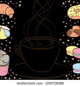 Tea party frame. Colorful hand drawn border for menus, invitations, cards, envelopes and sweet notes on Valentines Day. Isolated on black 