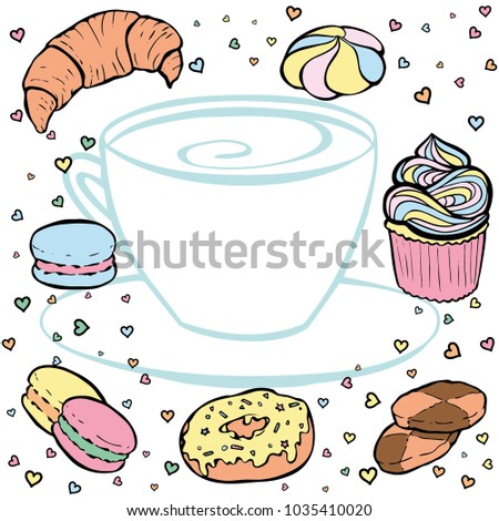 Tea party frame. Colorful hand drawn border for menus, invitations, cards, envelopes and sweet notes on Valentines Day. Isolated on white 