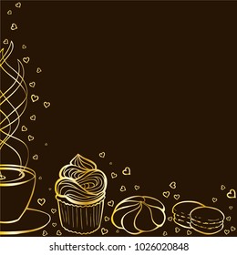 Tea party frame. Golden hand drawn border for menus, invitations, cards, envelopes and sweet notes on Valentines Day on a dark brown background