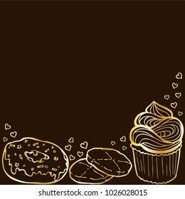 Tea party frame. Golden hand drawn border for menus, invitations, cards, envelopes and sweet notes on Valentines Day on a dark brown background