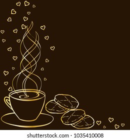 Tea party frame. Golden hand drawn border for menus, invitations, cards, envelopes and sweet notes on Valentines Day on a dark brown background