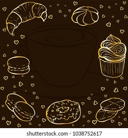 Tea party frame. Golden hand drawn border for menus, invitations, cards, envelopes and sweet notes on Valentines Day on a dark brown background