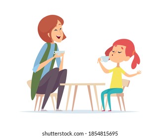 Tea party game. Woman and girl playing in cafe or restaurant. Baby with nanny or mother vector illustration