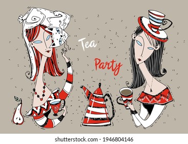 Tea party. Girls friends drink tea. Art Nouveau style. Modigliani art. Vector.