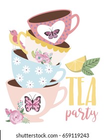 Tea party greeting or invitation card. Vector illustration