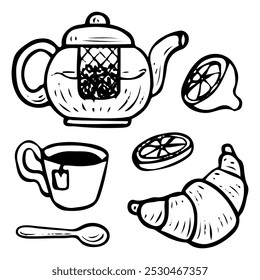 Chá partido mão desenhado rabiscar. Bule de chá. Caneca de bebida quente. Colher de chá para agitar. Limão. Croissant de sobremesa. Utensílios. Lanche no café. Ilustração da arte da linha de esboço do vetor.