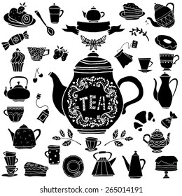 Tea party hand drawn icons black silhouettes set. Cups, mugs, teacups, teapots, saucer, spoon,  leafs, fruits cherry, strawberry,  cakes, croissant, pie, candy isolated on white background