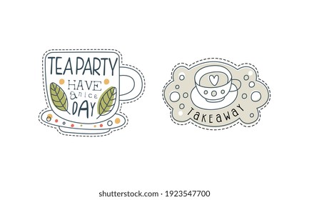 Tea Party Hand Drawn Labels Set, Restaurant or Coffee House Badges, Teatime Tradition Concept Outline Vector Illustration