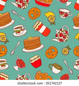 Tea party hand drawn seamless pattern. Colorful background with set of confectionery icons. Backdrop with pastries and dishes. Decorative wallpaper, good for printing