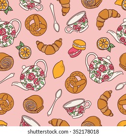 Tea party hand drawn seamless pattern. Colorful background with set of confectionery icons. Backdrop with pastries and dishes. Decorative wallpaper, good for printing