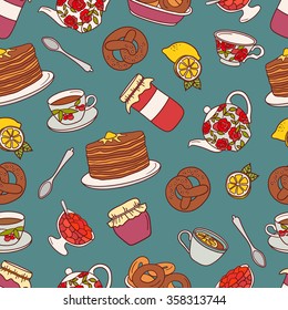 Tea party hand drawn seamless pattern. Colorful background with set of confectionery icons. Backdrop with pastries and dishes. Decorative wallpaper, good for printing