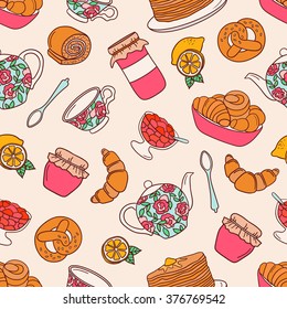 Tea party hand drawn seamless pattern. Colorful background with set of confectionery icons. Backdrop with pastries and dishes. Decorative wallpaper, good for printing