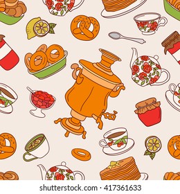 Tea party hand drawn seamless pattern. Doodle background vector. Cartoon objects. Colorful illustration food ingredient