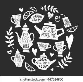 Tea party handsketched doodle set with kettle, different teapots, cup, teabag, lemon, hearts and branches. Vintage english breakfast collection, modern ink lettering, vector typography elements.
