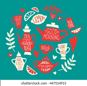 Tea party handsketched doodle set with kettle, different teapots, cup, teabag, lemon, hearts and branches. Vintage english breakfast collection, modern ink lettering, vector typography elements.