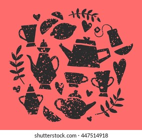 Tea party handsketched doodle set with kettle, different teapots, cup, teabag, lemon, hearts and branches. Vintage english breakfast collection
