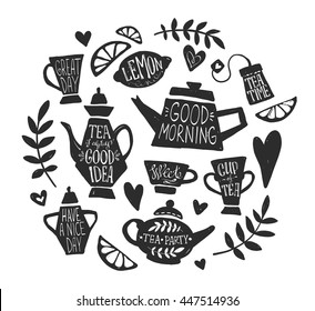 Tea party handsketched doodle set with kettle, different teapots, cup, teabag, lemon, hearts and branches. Vintage english breakfast collection, modern ink lettering, vector typography elements.