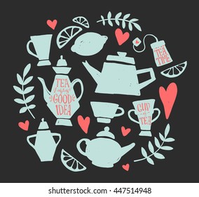 Tea party handsketched doodle set with kettle, different teapots, cup, teabag, lemon, hearts and branches. Vintage english breakfast collection, modern ink lettering, vector typography elements.