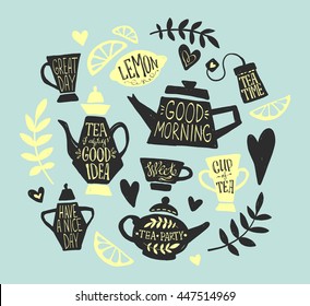 Tea party handsketched doodle set with kettle, different teapots, cup, teabag, lemon, hearts and branches. Vintage english breakfast collection, modern ink lettering, vector typography elements.