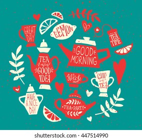 Tea party handsketched doodle set with kettle, different teapots, cup, teabag, lemon, hearts and branches. Vintage english breakfast collection, modern ink lettering, vector typography elements.