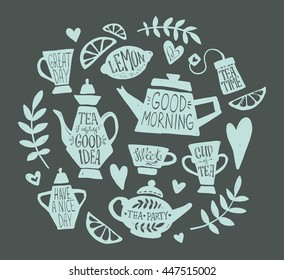 Tea party handsketched doodle set with kettle, different teapots, cup, teabag, lemon, hearts and branches. Vintage english breakfast collection, modern ink lettering, vector typography elements.
