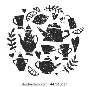 Tea party handsketched doodle set with kettle, different teapots, cup, teabag, lemon, hearts and branches. Vintage english breakfast collection

