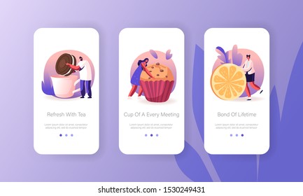 Tea Party or Holiday Celebration Mobile App Page Onboard Screen Set. People Drinking Hot Beverage with Lemon, Bakery and Sweet Food Concept for Website or Web Page, Cartoon Flat Vector Illustration