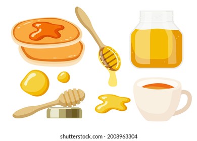 Tea party with honey and pancakes. Honey in jar, cup of tea, pancakes, wooden honey spoon with honey drops isolated illustration on white background. Organic food eco template. Tasty breakfast.