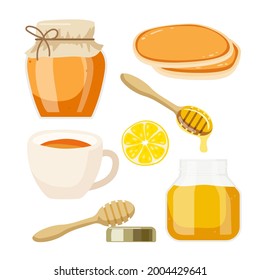 Tea party with honey. Two varieties of honey in jars, cup of tea, pancakes, lemon For Farmer Market Branding. Organic food eco template. Tasty breakfast