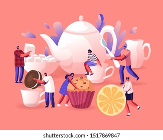 Tea Party, Hot Beverage for Cold Season Concept. Tiny Men and Women Prepare to Drink Tea with Pastry, Rolling Lemon Slice to Huge Cup with Hot Tea, Festive Winter Time. Flat Vector Illustration