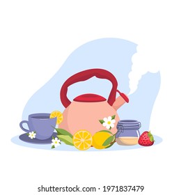 Tea Party, Hot Beverage for Cold Season Concept. Drink Tea, Lemon Slice to Huge Cup with Hot Tea, Festive Winter Time. Flat Vector Illustration. Tea set, herbal. Teapots, cups, lemon, strainer, sugar.