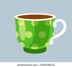 Tea party icon. Colorful sticker with green mug of hot coffee. Spotted cup with tasty drink. Breakfast beverage. Stylish ceramic tableware. Cartoon flat vector illustration isolated on gray background