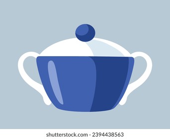 Tea party icon. Colorful sticker with ceramic dishes or sugar container. Utensils for making hot drinks and coffee. Japanese tradition. Cartoon flat vector illustration isolated on gray background