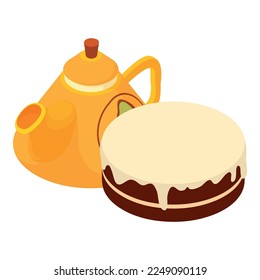 Tea Party Icon isometrische Vektorgrafik. Teekanne aus Porzellan und Schokoladenkuchen mit Eis. Dessert und trinken