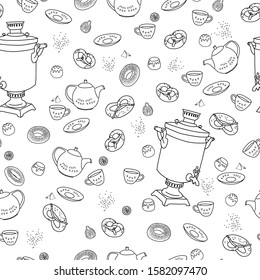Tea party icon set pattern. Warm and cozy hand drawn vector illustration with cups of tea, a samovar and sweet pastries. Elements for greeting cards, posters, stickers and seasonal design.