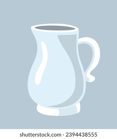 Tea party icon. Sticker with beautiful glass jug or decanter for milk or cream. Stylish utensils for preparing hot coffee. Vase for liquid. Cartoon flat vector illustration isolated on gray background