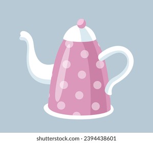 Tea Party Icon. Aufkleber mit rosafarbenem Polka-Dot-Teekopf. Wasserkocher für heiße Getränke. Keramik-Utensilien zum Kochen von Wasser für Tee und Kaffee. Cartoon-Flache Vektorgrafik einzeln auf grauem Hintergrund