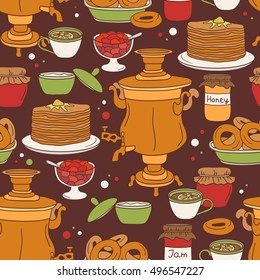 Tea party icons, hand drawn seamless pattern. Doodle background vector. Colorful illustration with cartoon objects. Wallpaper design, national food collection. Decorative backdrop