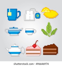 Tea party icons set. Pixel art. Old school computer graphic style. Games elements.