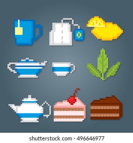 Tea party icons set. Pixel art. Old school computer graphic style. Games elements.