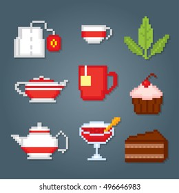 Tea party icons set. Pixel art. Old school computer graphic style. Games elements.