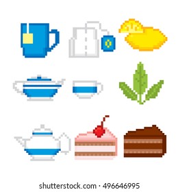 Tea party icons set. Pixel art. Old school computer graphic style. Games elements.
