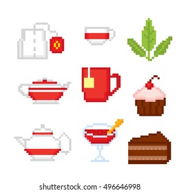 Tea party icons set. Pixel art. Old school computer graphic style. Games elements.