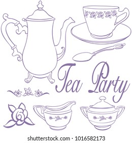 tea party icons teapot teacup creamer sugar spoon rose purple