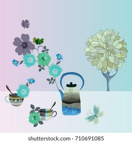 Tea party invitation. Beautiful card with kettle, teacups and flowers. Space for text. Vector illustration.