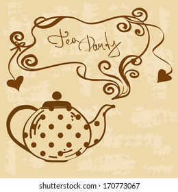 Tea party invitation with brown teapot on a vintage background